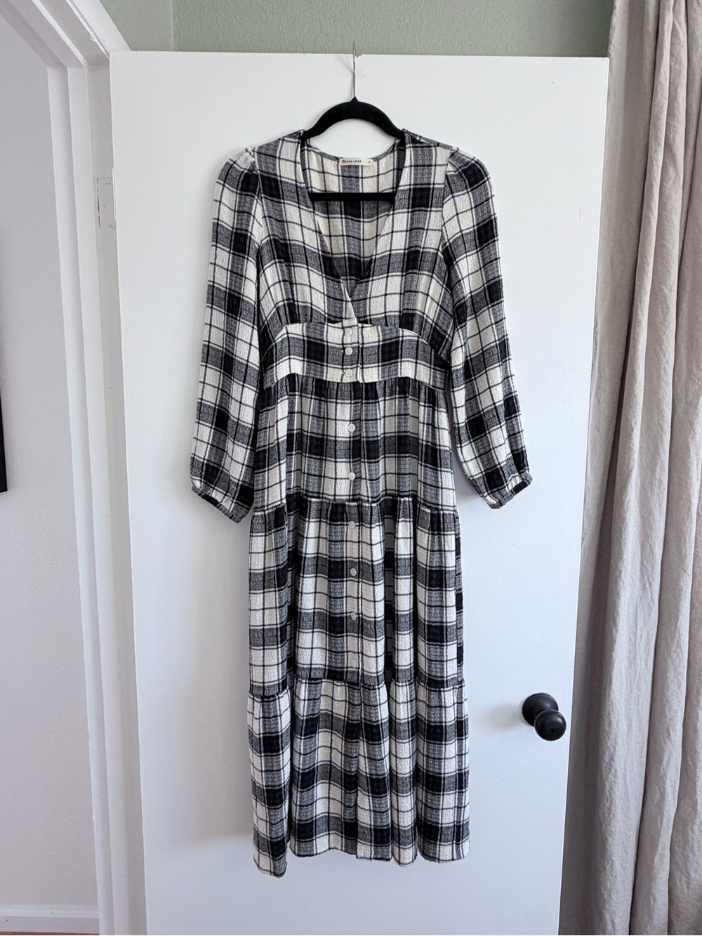 Marine Layer Maeve Plaid Midi Shirt Dress Black White Long Sleeve S